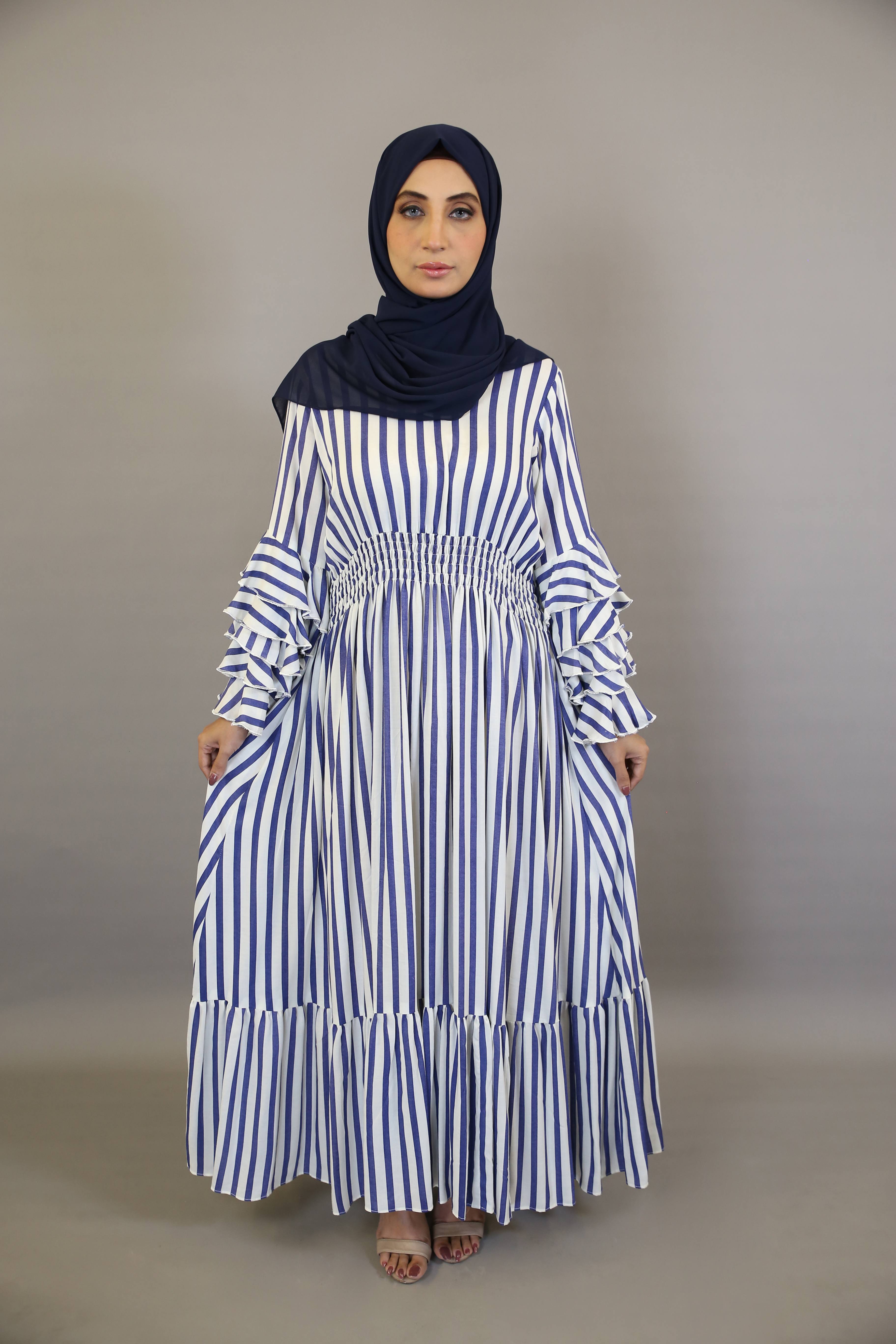 Zarkaa- Gorgeous Linen blue line printed maxi dress with tiered sleeves and pleated waist.