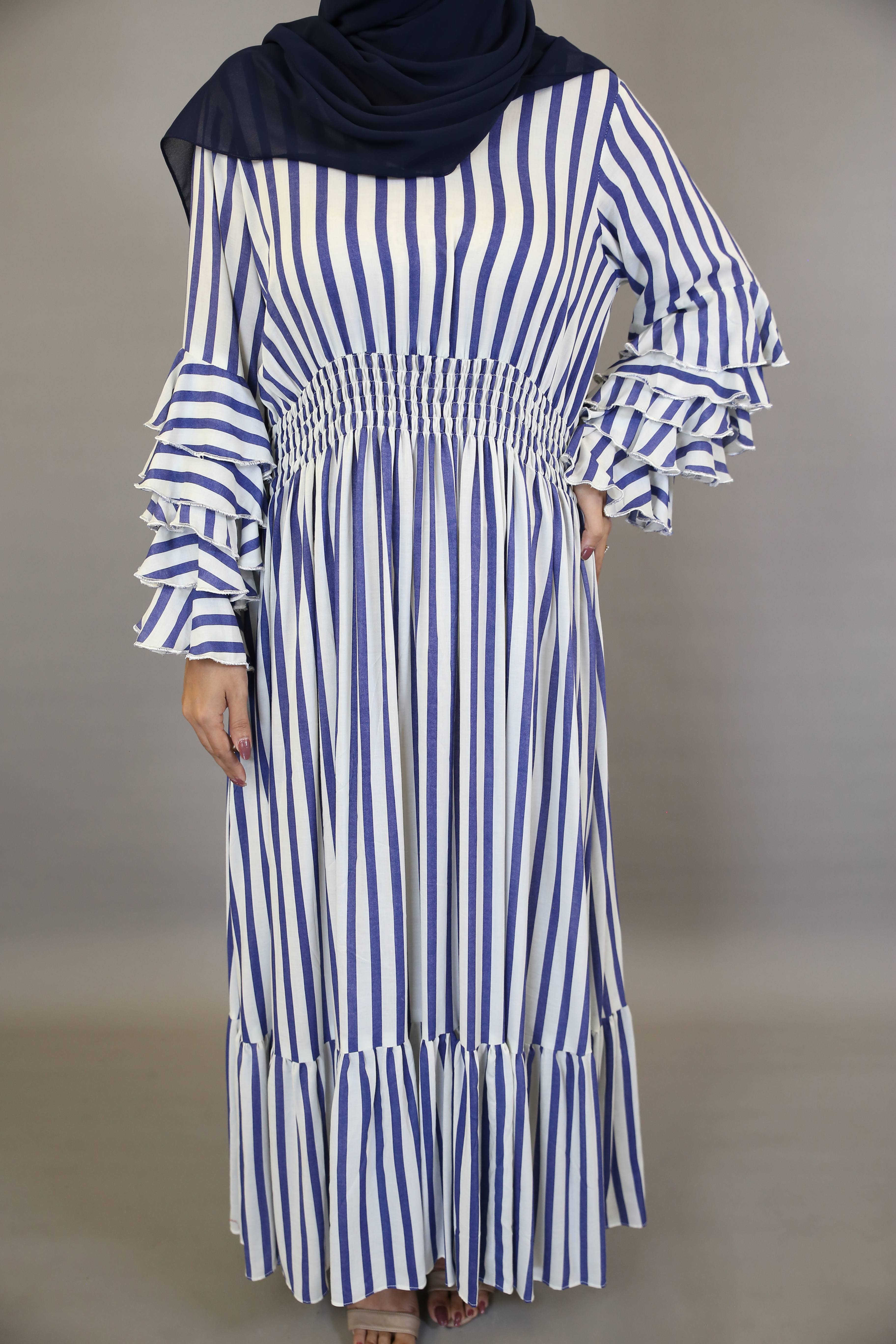 Zarkaa- Gorgeous Linen blue line printed maxi dress with tiered sleeves and pleated waist.