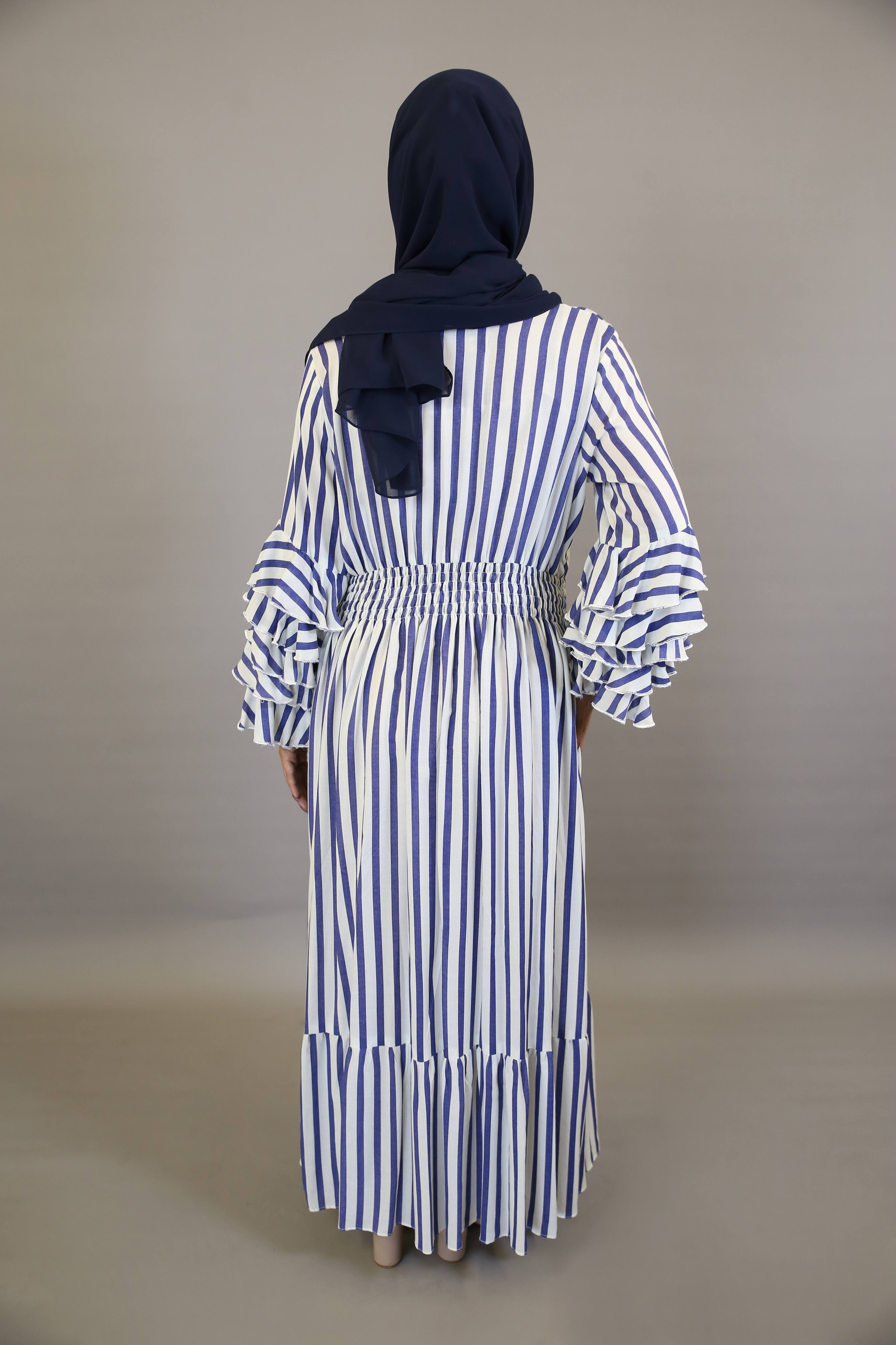 Zarkaa- Gorgeous Linen blue line printed maxi dress with tiered sleeves and pleated waist.