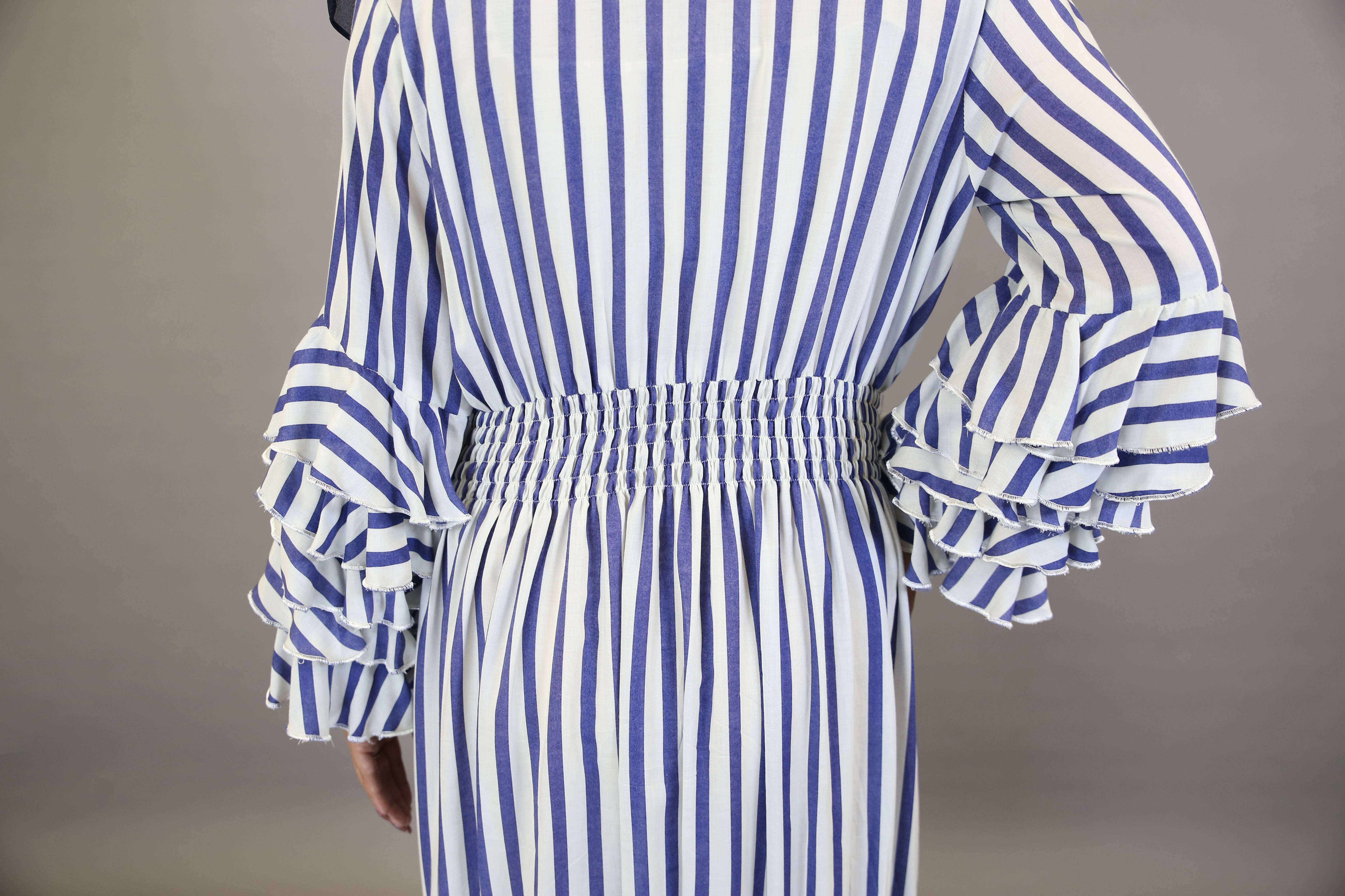 Zarkaa- Gorgeous Linen blue line printed maxi dress with tiered sleeves and pleated waist.