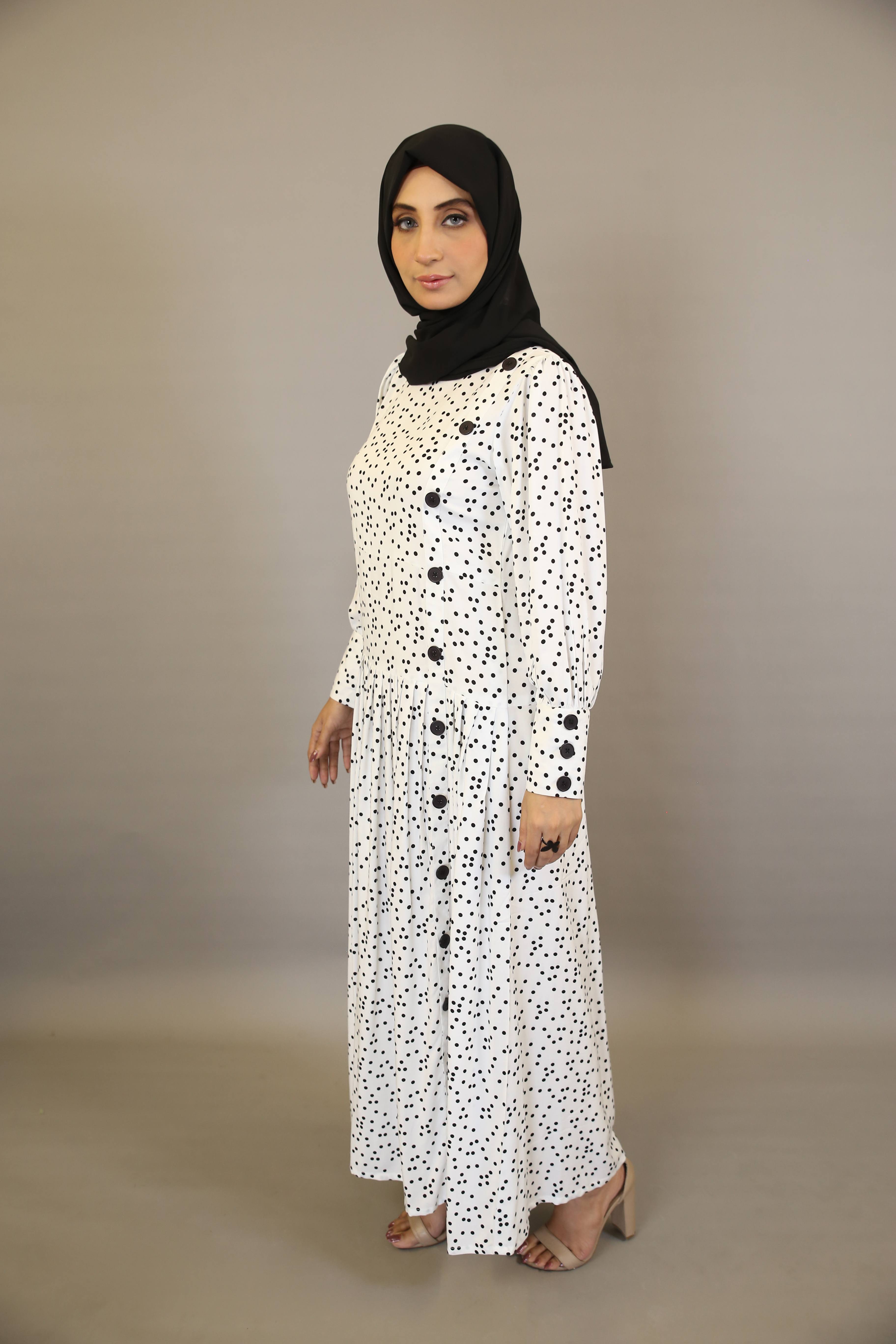 Nuqta- Stunning Linen polka dot printed maxi dress with top down buttoned and cuffed sleeves