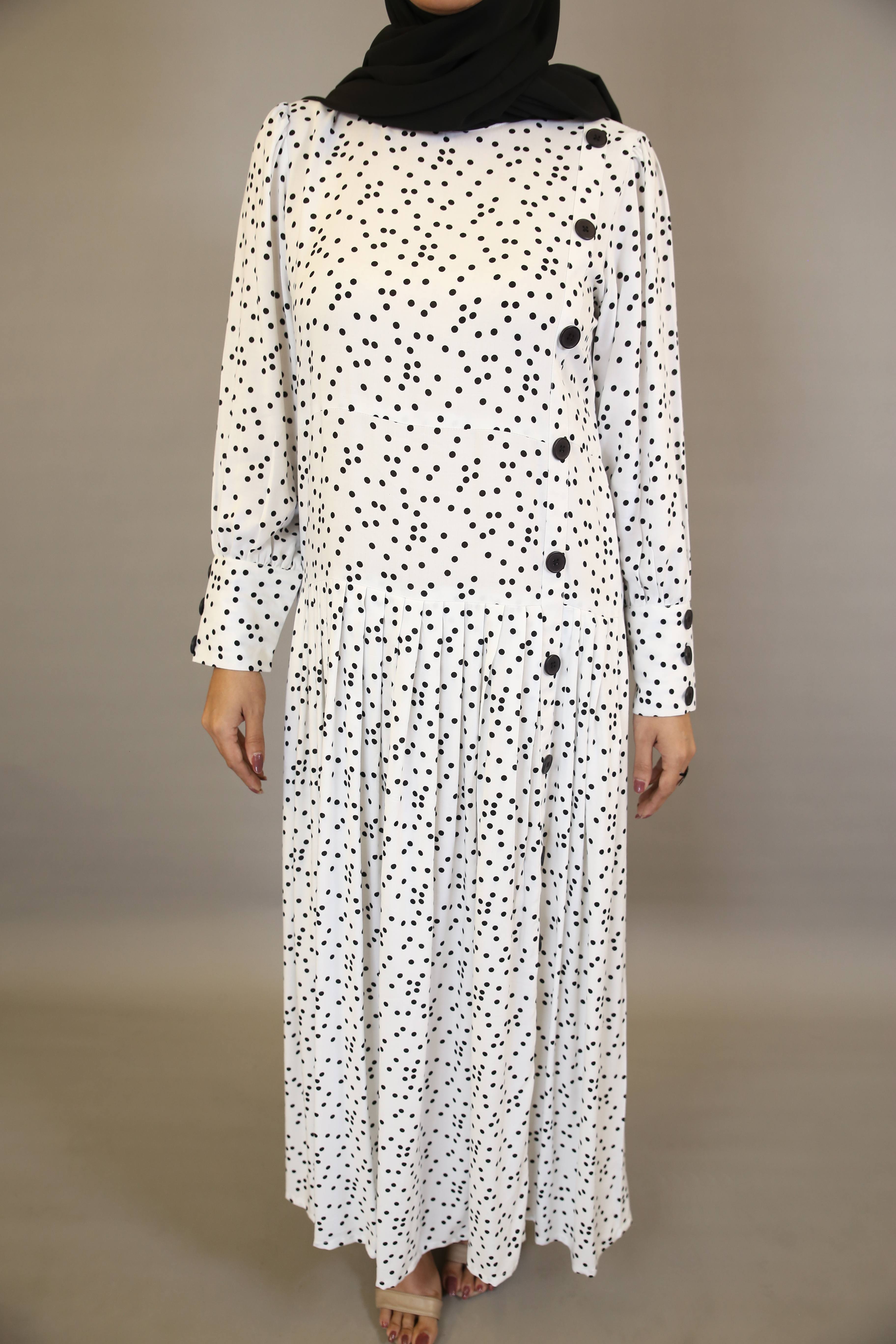 Nuqta- Stunning Linen polka dot printed maxi dress with top down buttoned and cuffed sleeves