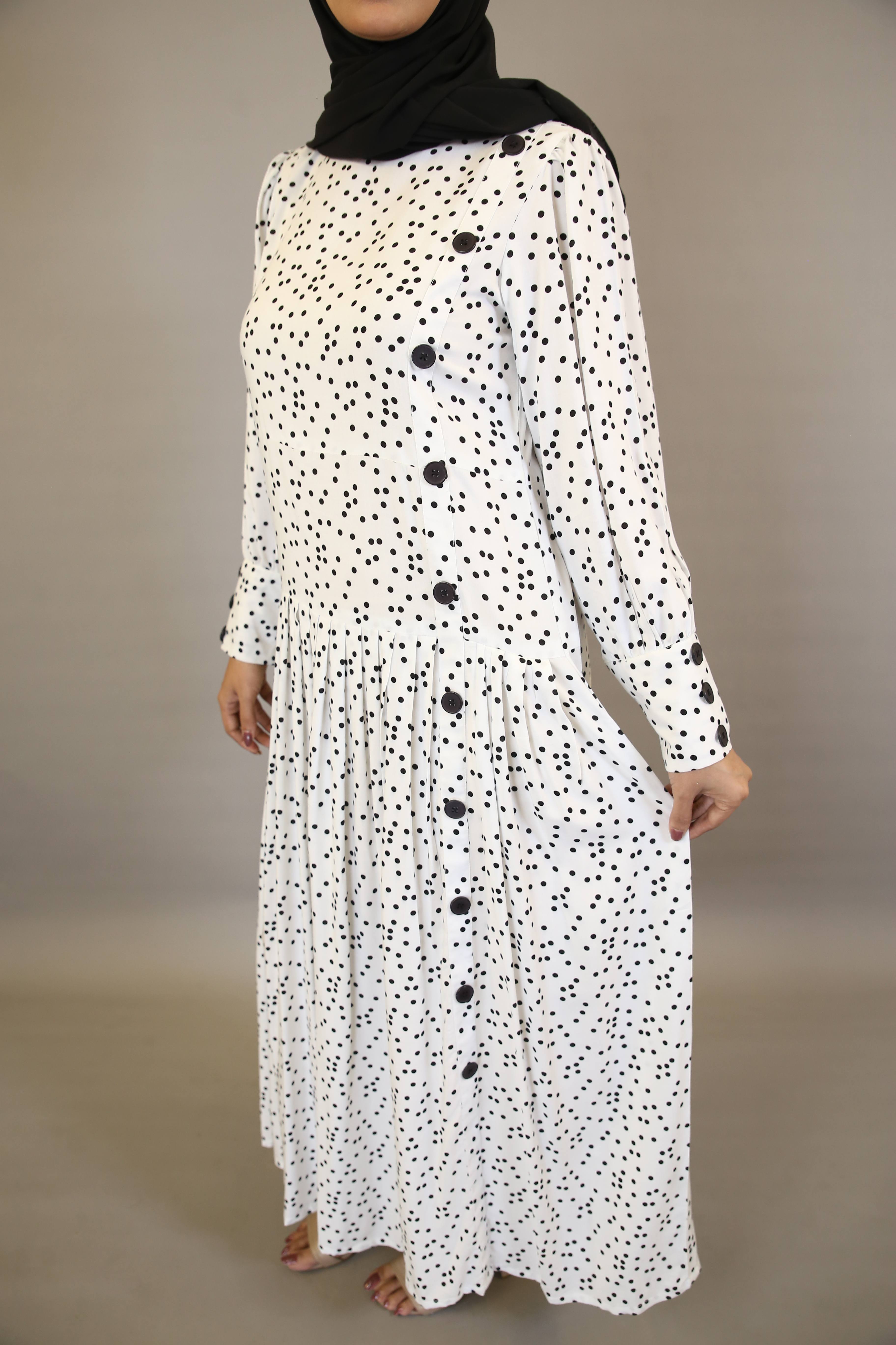 Nuqta- Stunning Linen polka dot printed maxi dress with top down buttoned and cuffed sleeves