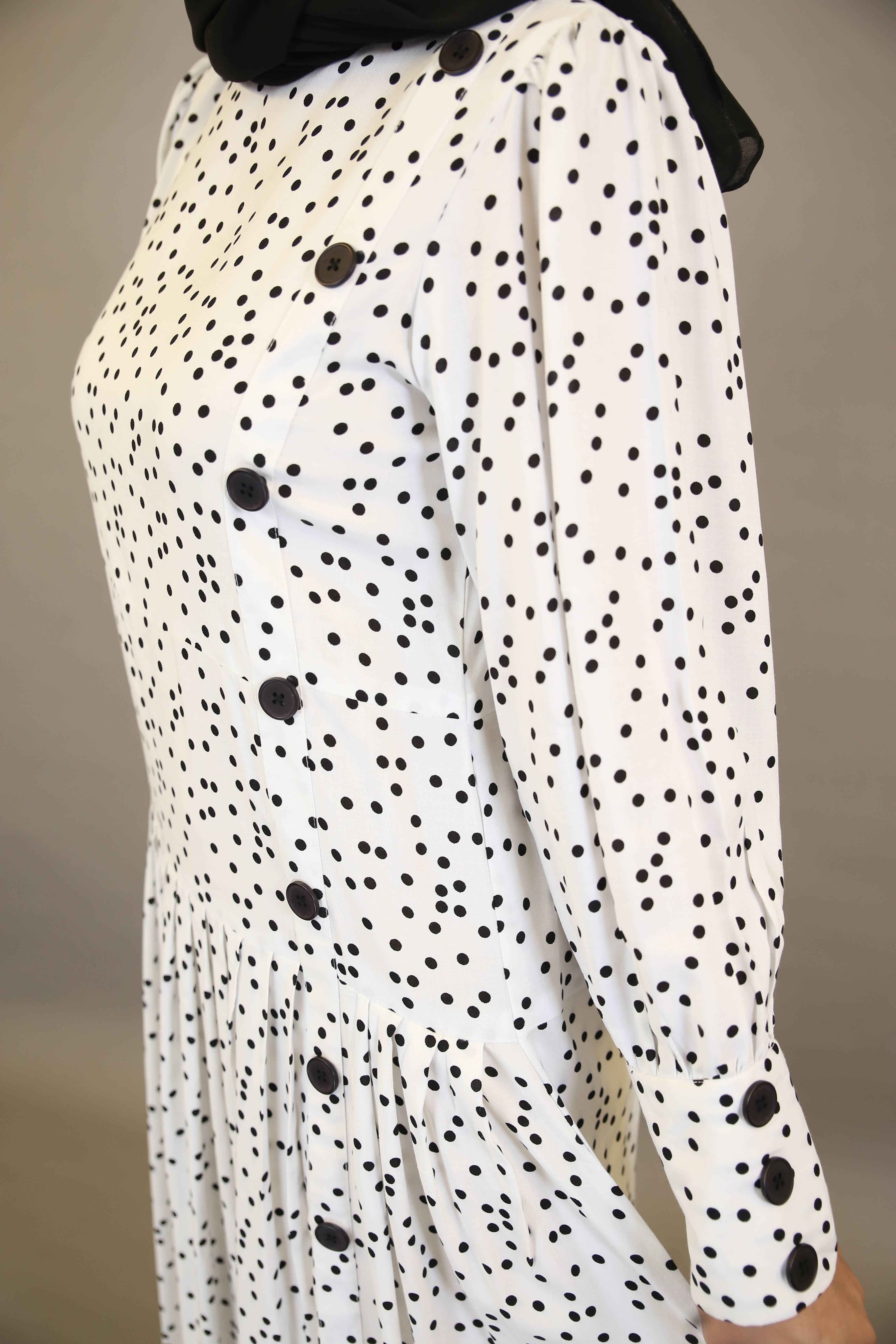 Nuqta- Stunning Linen polka dot printed maxi dress with top down buttoned and cuffed sleeves