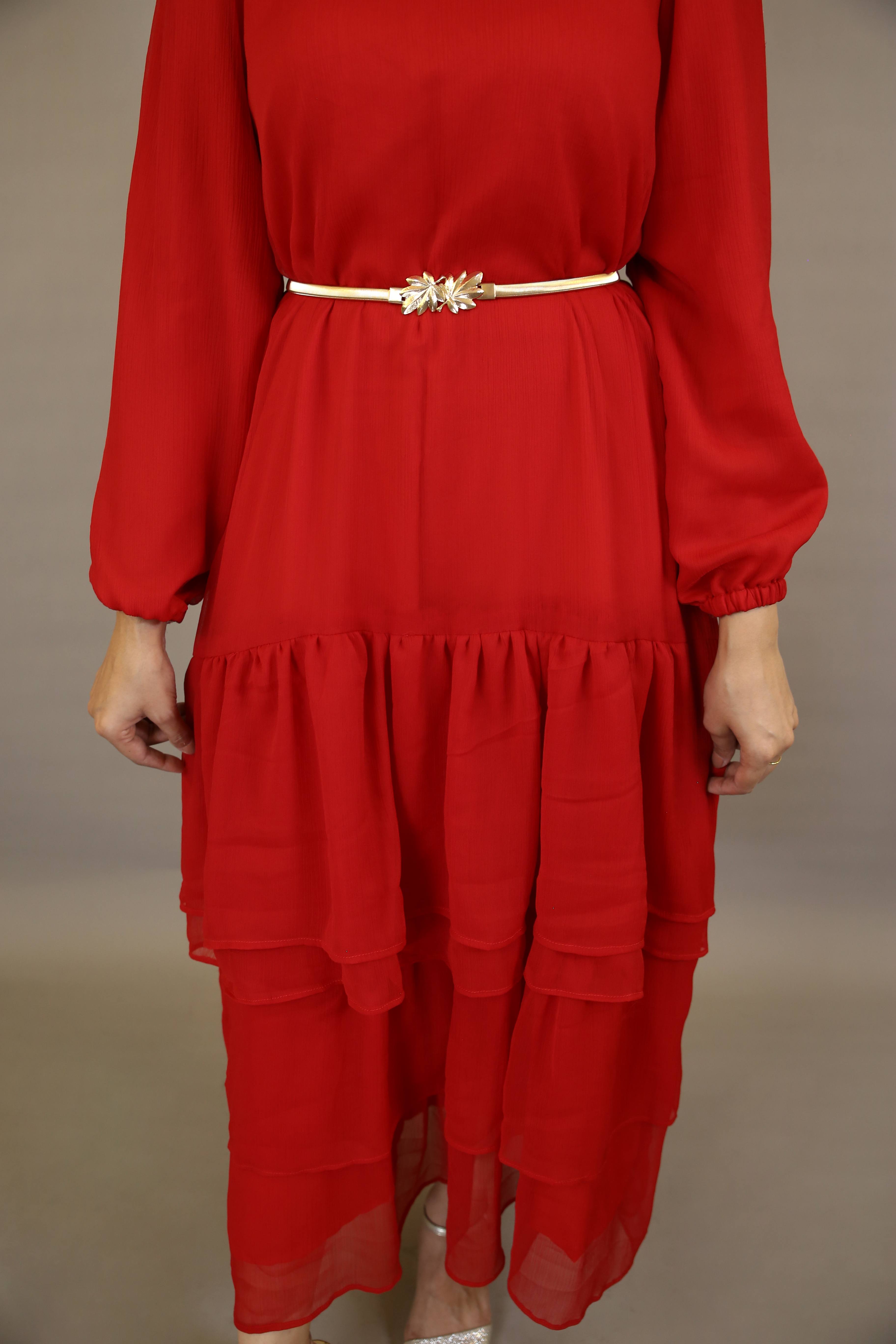 Salama- Mesmerizing Chiffon lined maxi dress with ruffled tiered and belt embellishment- Candy Red