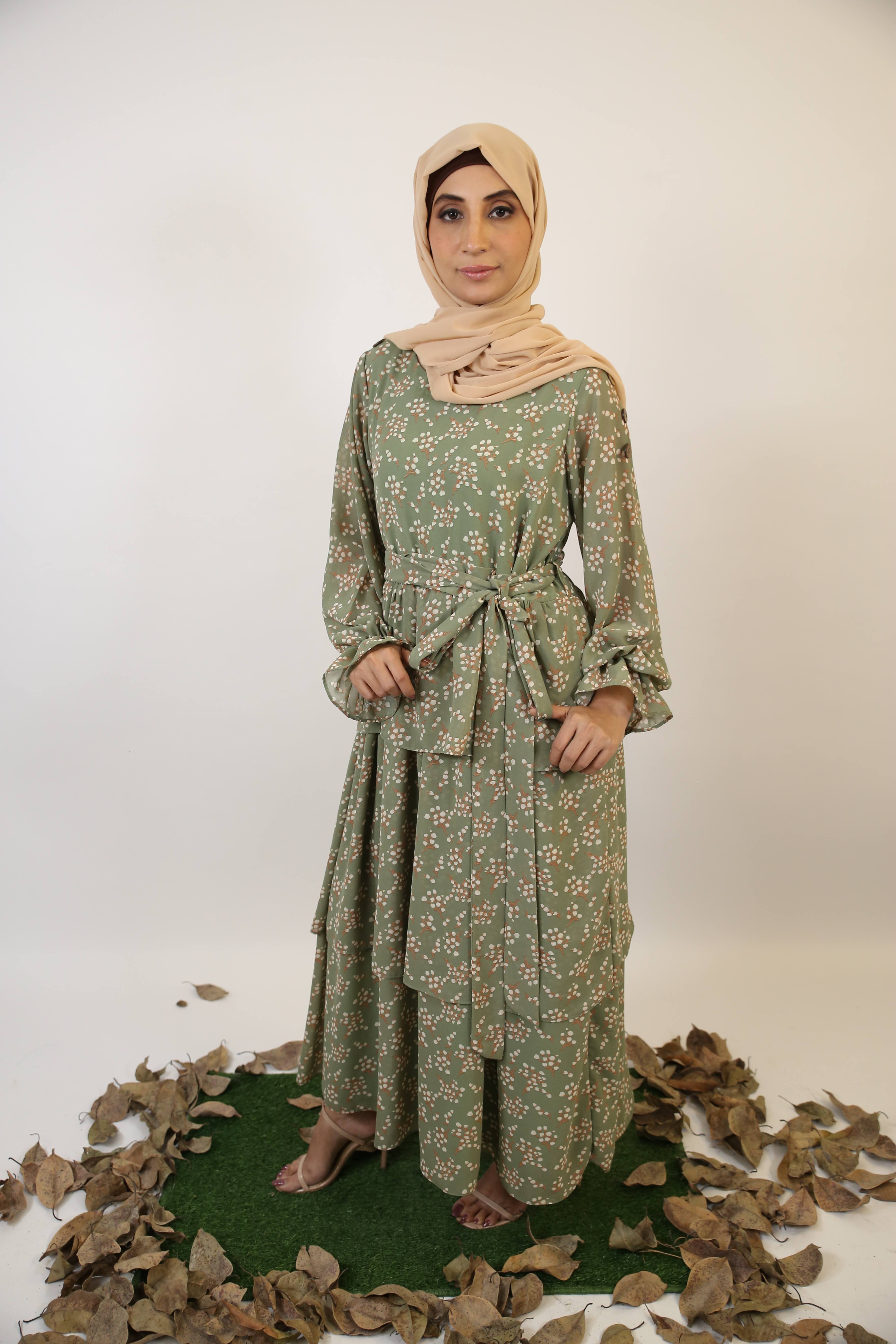 Taftah- Timeless Chiffon lined green floral printed maxi dress with tiered ruffle and balloon sleeves with matching belt