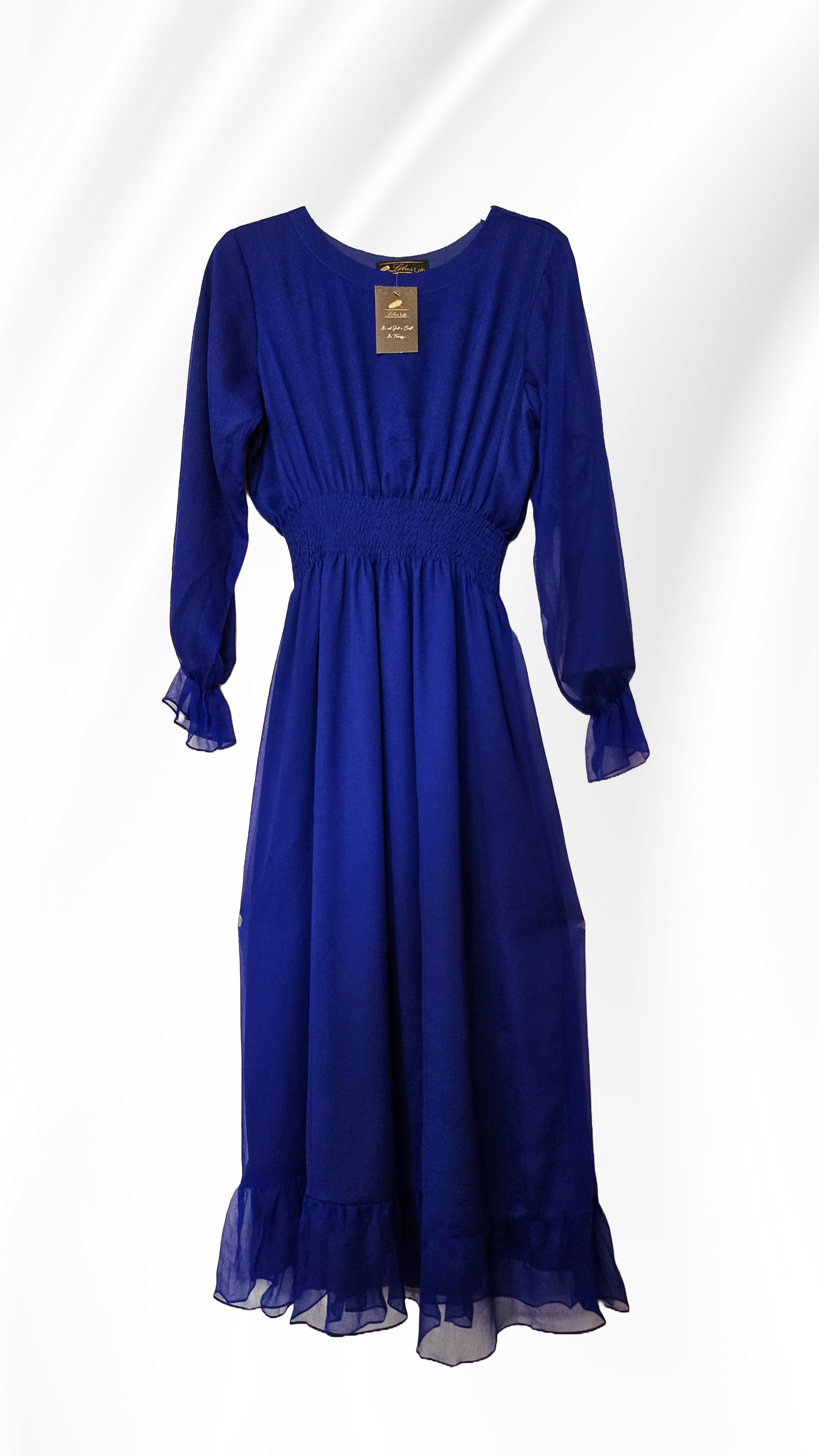 Royal blue chiffon lined belted dress